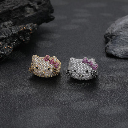 Cute Cat Face Rhinestone Ring, Animal Bow Ring, White or Gold, Sizes 6-9