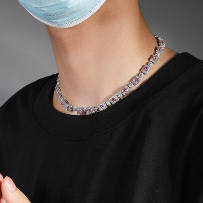 Unisex Iced Out Rectangle Cubic Zirconia Necklace – Gold or Silver Tone Pink/White Stone Chain, 16/18/20 Inch