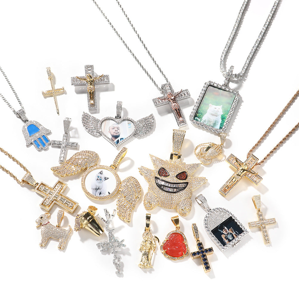 Iced Cubic Zirconia Pendant Necklace for Women – Gold & Silver Plated Statement Chain with Cross, Photo Locket, Fatima Hand, Goat, Ice Cream & Geometric Charms