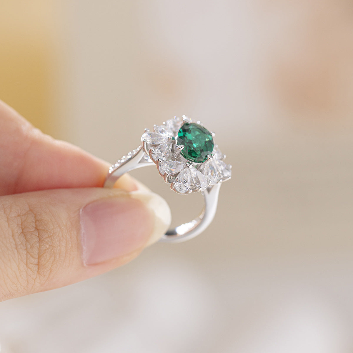Green Lab-Grown Emerald Halo Ring, S925 Sterling Silver Ring for Women product image