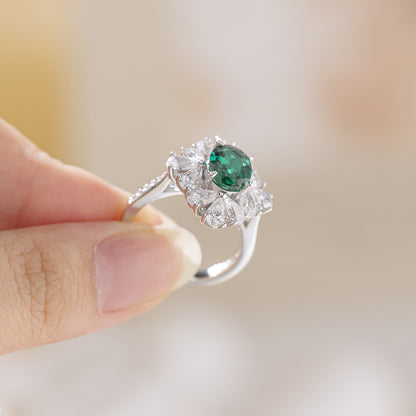 Green Lab-Grown Emerald Halo Ring, S925 Sterling Silver Ring for Women