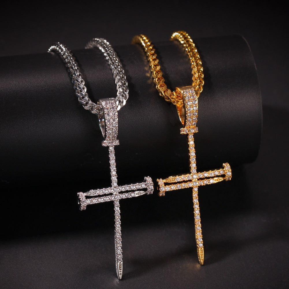 Iced Cross Pendant Necklace for Men with Cubic Zirconia Twist Chain, Gold Plated or Silver Plated Statement Chain Necklace