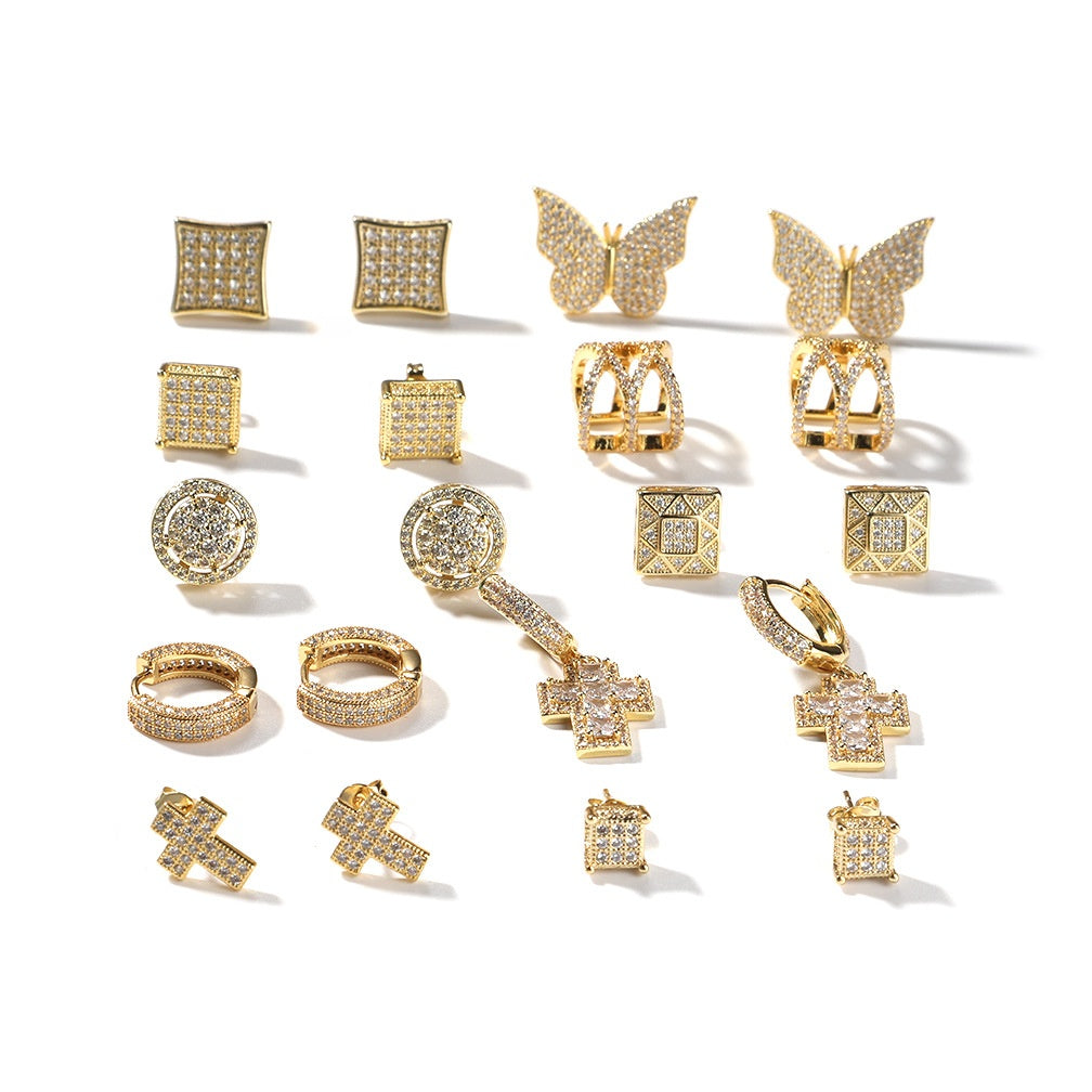 2026 Hip Hop Cubic Zirconia Stud Earrings & Ear Cuffs Set for Women and Men – Square, Cross, Star, Butterfly, Round Hoop Styles in Gold and Silver Tone
