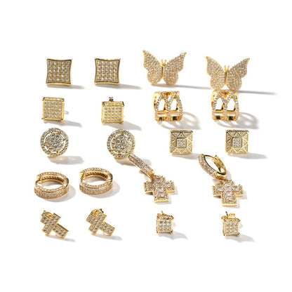2026 Hip Hop Cubic Zirconia Stud Earrings & Ear Cuffs Set for Women and Men – Square, Cross, Star, Butterfly, Round Hoop Styles in Gold and Silver Tone