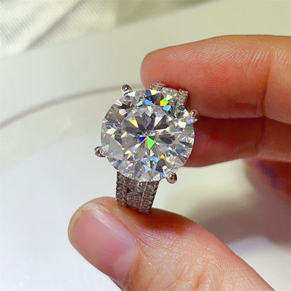 10 Carat Moissanite Ring with Triple Row Pavé Band, Round Statement Engagement Ring