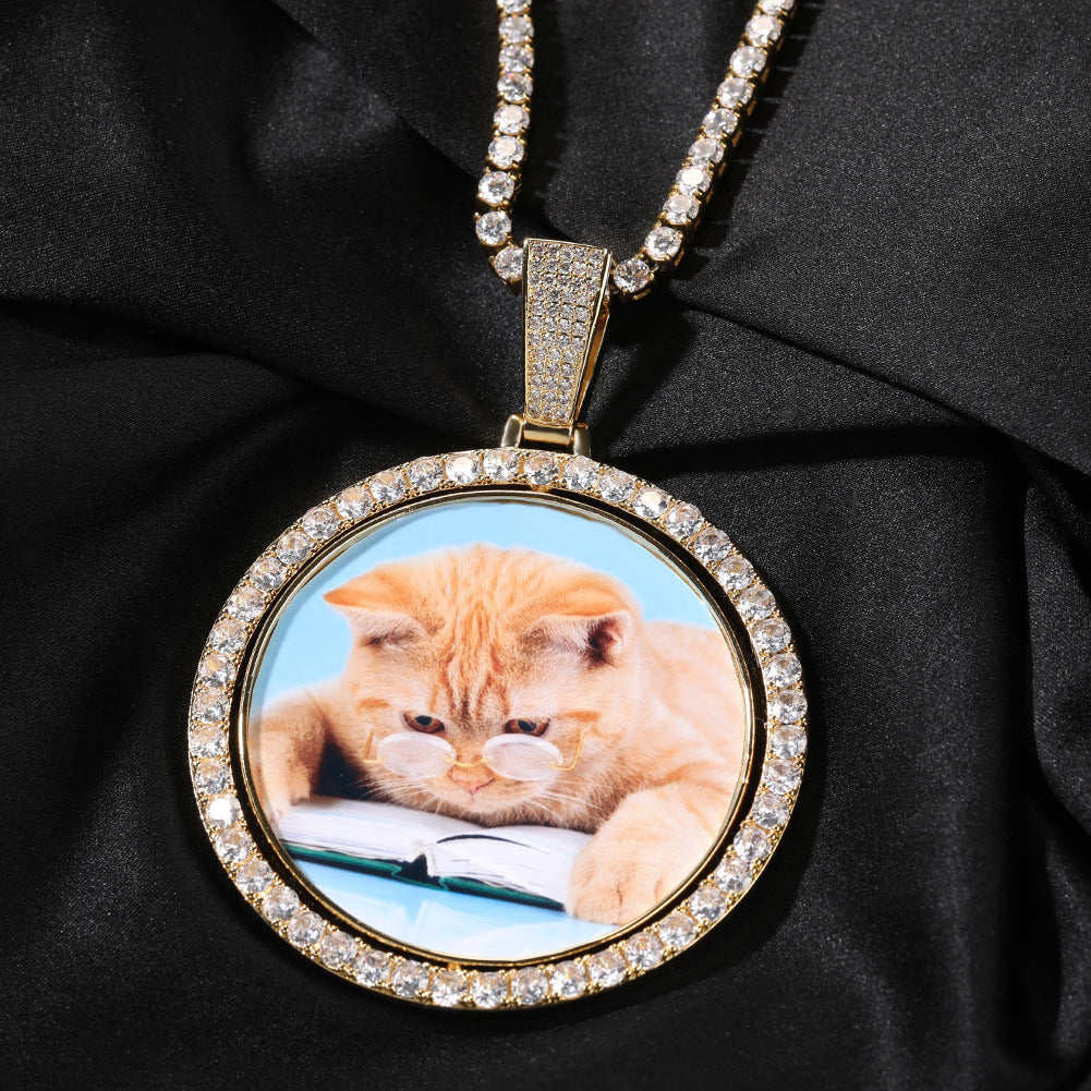 Custom Double-Sided Rotating Photo Pendant Necklace with Cubic Zirconia Round Charm Chain for Women