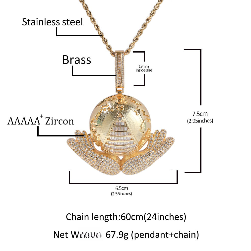 Iced Planet Globe Pendant Necklace with Cubic Zirconia 24 Inch Twist Chain for Women & Men