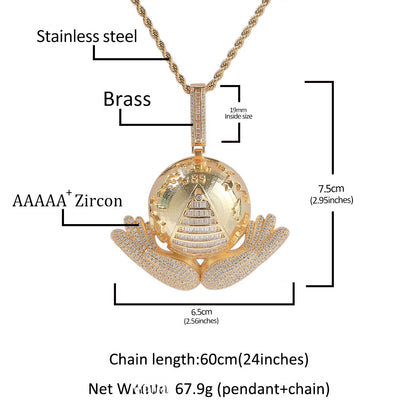 Iced Planet Globe Pendant Necklace with Cubic Zirconia 24 Inch Twist Chain for Women & Men