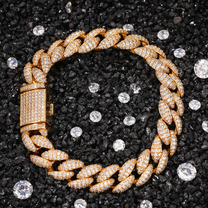 Men’s Iced Out Cuban Link Bracelet with Cubic Zirconia, Gold Plated or Silver Plated Copper Chain Bracelet, 12mm Statement Jewelry