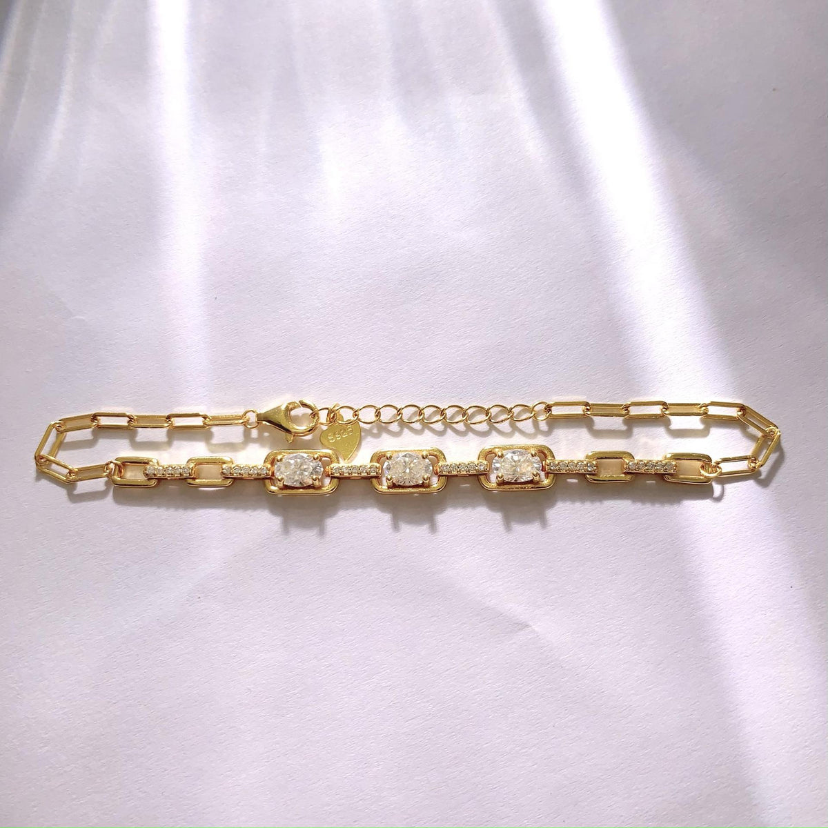 S925 Moissanite Link Bracelet, Oval Stone Tennis Bracelet, Adjustable 15+3cm, White product image