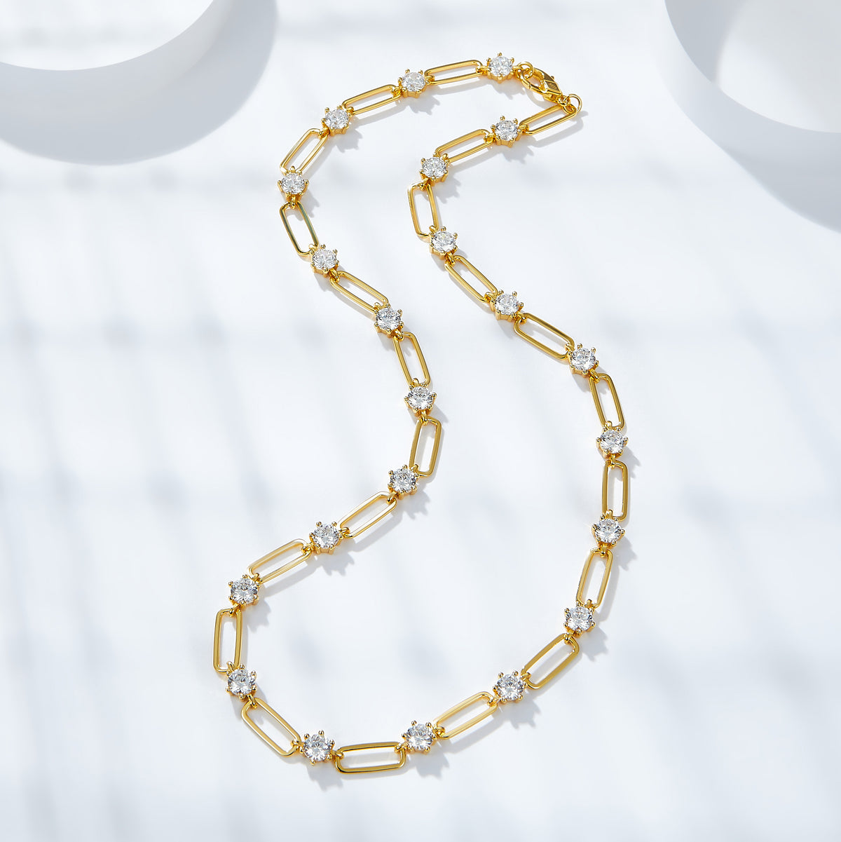 18K Gold Paperclip Link Moissanite Necklace, Round Stone Station Chain product image