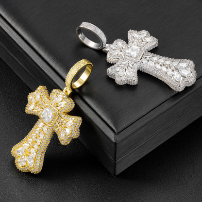 Cross Pendant Necklace with Cubic Zirconia Pave, 3MM Twist Chain, 24 Inch, White Tone or Yellow Tone, Hip Hop Style Jewelry