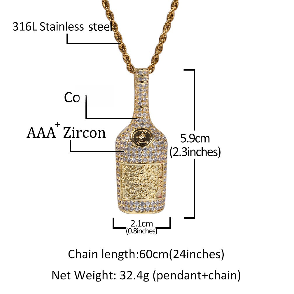 Iced Bottle Pendant Necklace for Men – Cubic Zirconia Hip Hop Chain in Gold, Silver & Two-Tone