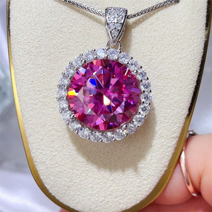 Pink 20 Carat Round Halo Moissanite Pendant Necklace for Women