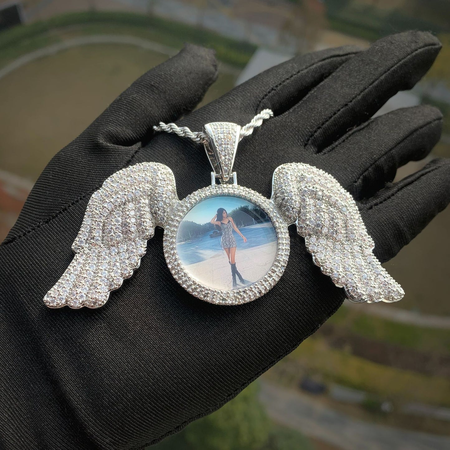 Iced Out Angel Wing Photo Pendant for Men