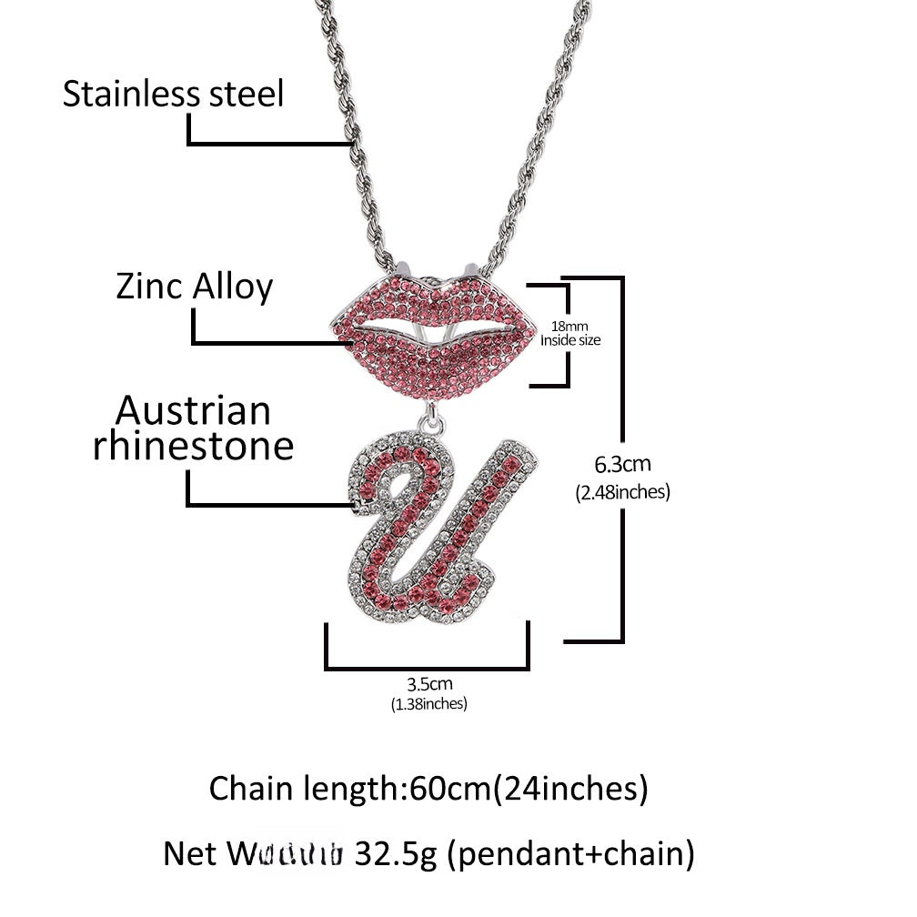 Personalized A-Z Letter Pendant Necklace with Red Crystal Lips Charm - Silver Plated Initial Chain for Women & Men product image