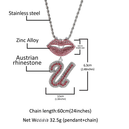 Personalized A-Z Letter Pendant Necklace with Red Crystal Lips Charm - Silver Plated Initial Chain for Women & Men