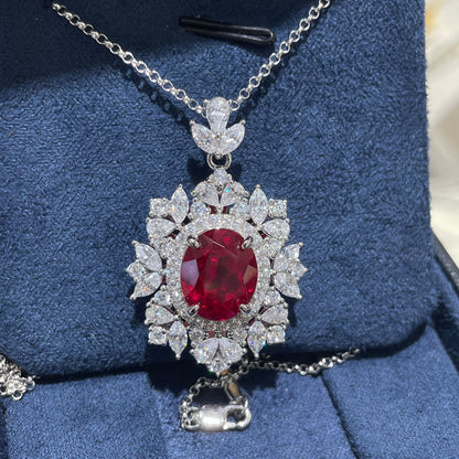Lab-Grown Ruby Floral Halo Pendant Necklace