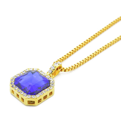 Gold Plated Square Crystal Pendant Necklace with Cubic Zirconia Halo - Hip Hop Statement Chain for Women
