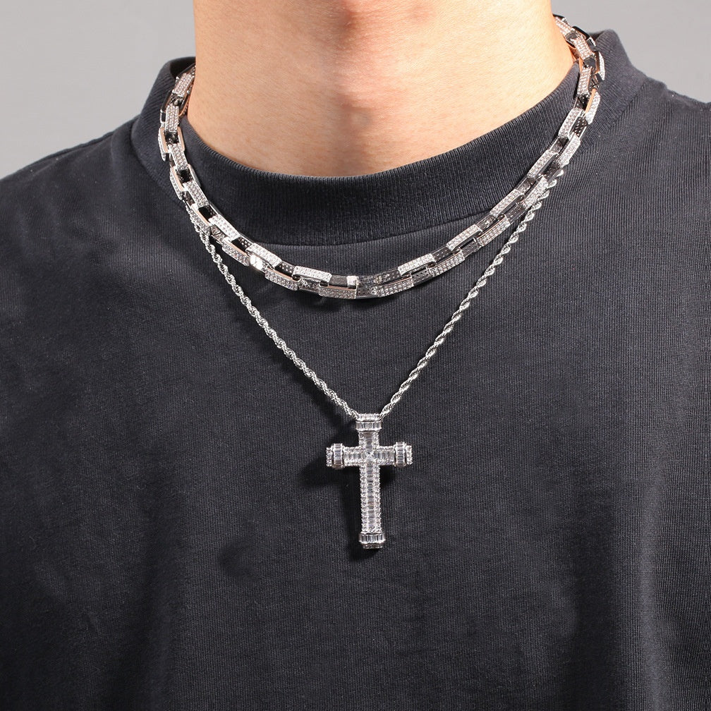 Gold Plated Cuban Link Chain Necklace & Bracelet with Cubic Zirconia Rectangle Links for Women and Men