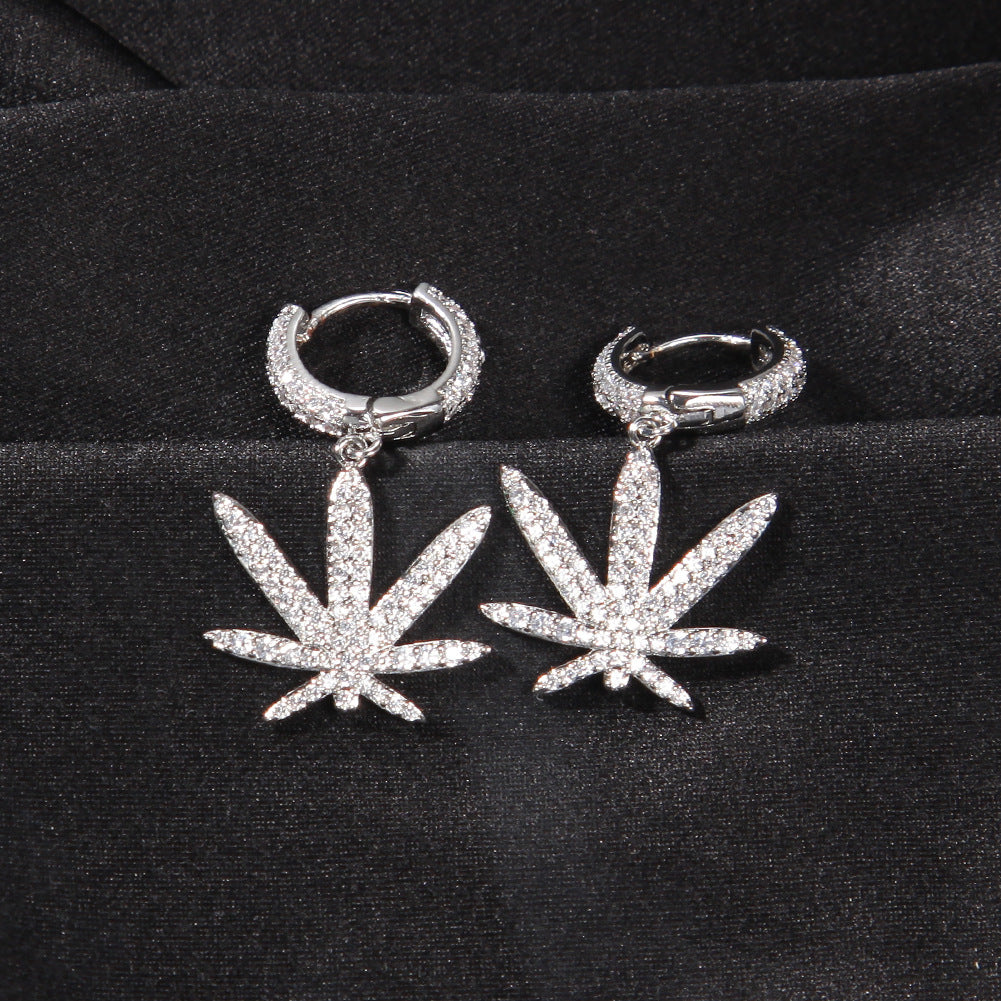 Leaf Drop Hoop Earrings with Cubic Zirconia for Women & Men - Gold, Silver, Rose Gold Statement Earrings