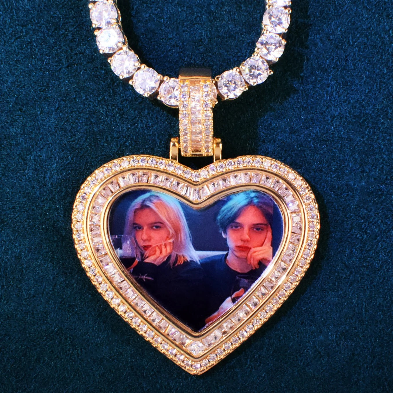 Unisex Iced Heart Photo Pendant Necklace