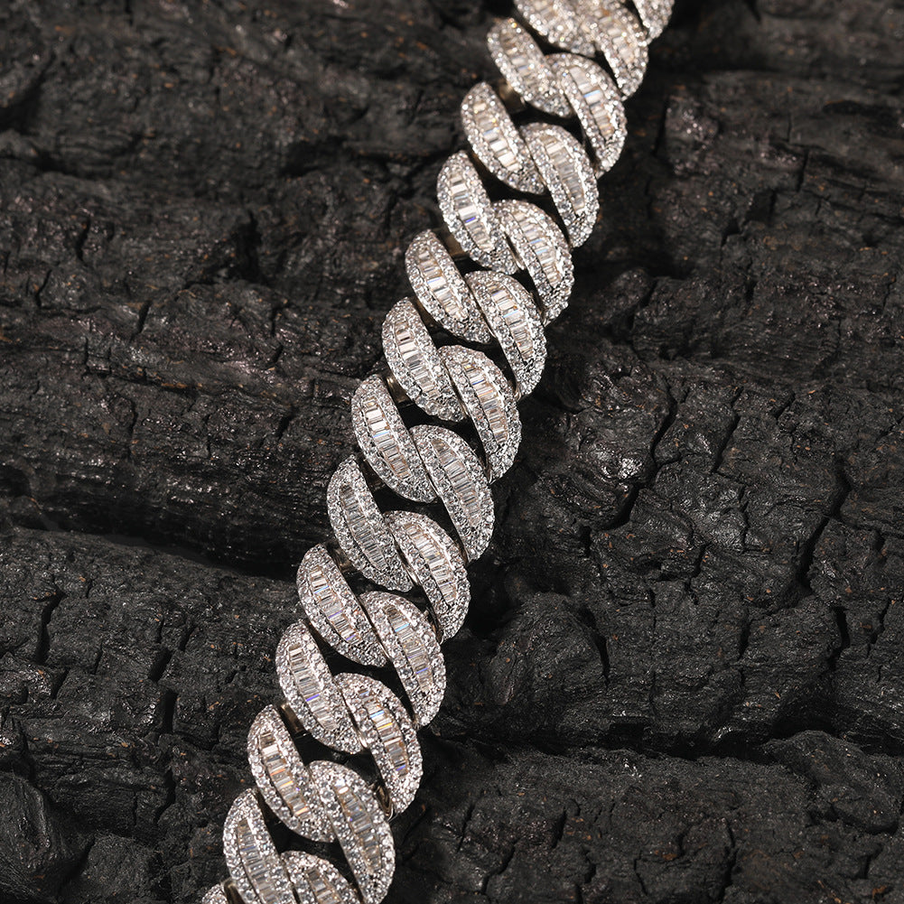 19mm Iced Out Cuban Link Chain Necklace for Men Women, Copper Rhinestone Hip Hop Statement Necklace, Silver Tone 16/18/20 Inch