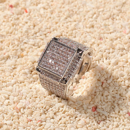 Men’s Square Cubic Zirconia Statement Ring in Gold or Silver Color