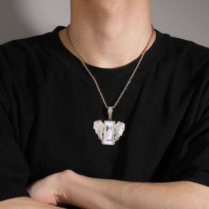 Iced Wing Photo Pendant Necklace with Cuban Twist Chain for Women & Men