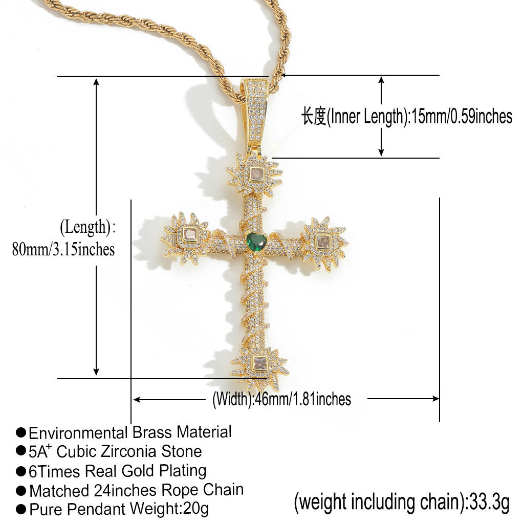 Vintage Light Luxury Cross Heart Cubic Zirconia Pendant Necklace for Men and Women