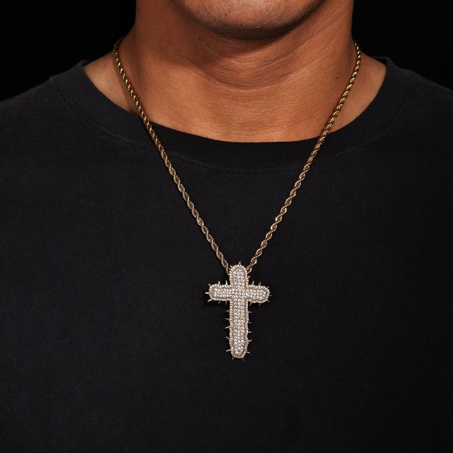 Iced Out Cross Pendant Necklace with Cubic Zirconia Rope Chain in Silvery or Gold Tone product image