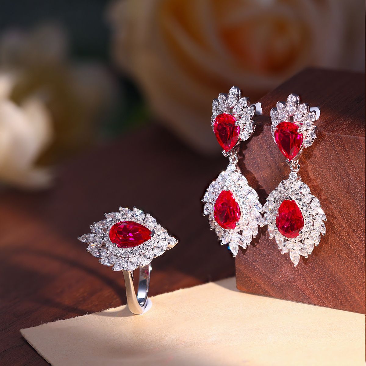 Pear-Shaped Red Halo Ring in 925 Silver, Floral Teardrop Ring product image