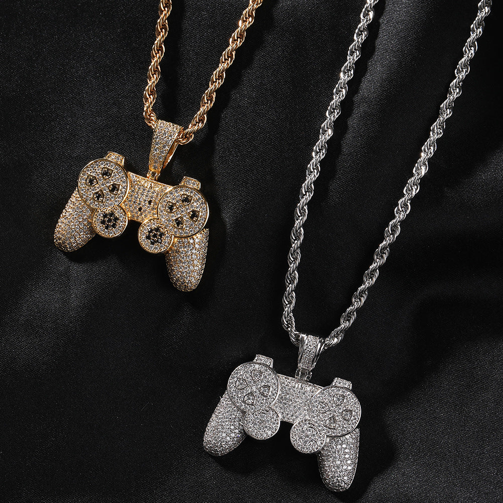 Iced Game Controller Pendant Necklace for Women – Gold or Silver Tone Hip Hop Statement Chain, Cartoon CZ Pendant