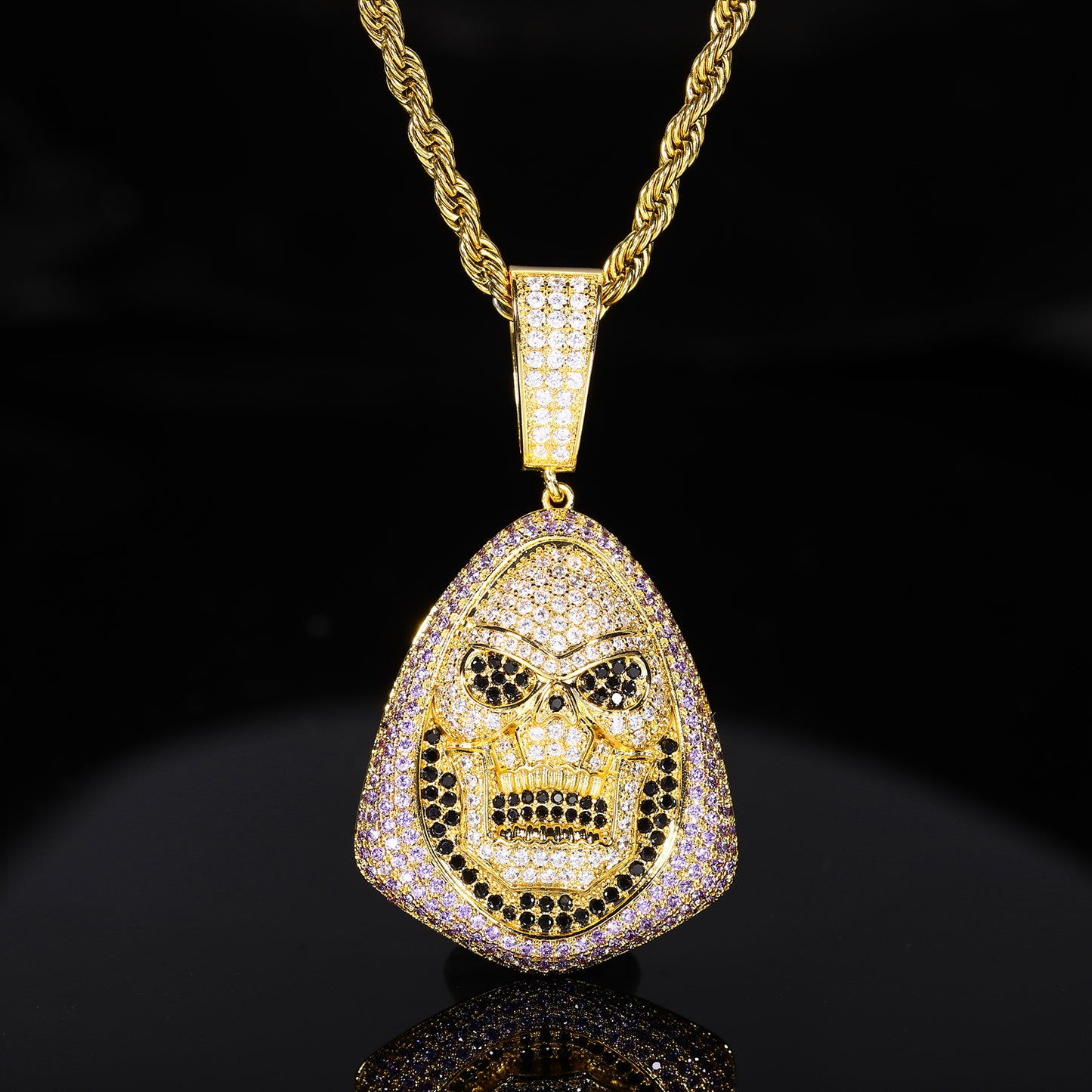 Iced Out Skull Pendant Necklace for Men - Hip Hop Copper Jewelry with Cubic Zirconia Rope Chain product image