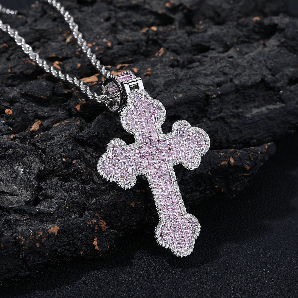 Pink Zircon Cross Pendant Necklace, 3MM Twisted Rope Chain, 24 Inch, Geometric