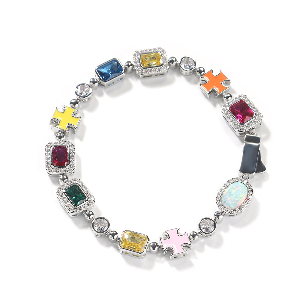 Unisex Iced Cross Chain Necklace Bracelet Set in Gold or Silver Tone with Colorful Crystal Pendant Links