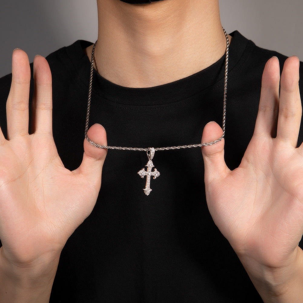 Men’s Silver-Tone Cross Pendant Necklace with Cubic Zirconia Twisted Chain