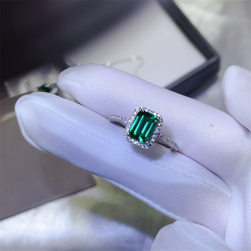 Emerald Green Halo Jewelry Set for Women, Rectangular Pendant, Stud Earrings and Ring, Minimal Everyday Gift Style product image