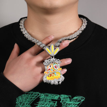 Iced Out Cartoon Monster Pendant Necklace with 24 Inch Twist Chain, Cubic Zirconia Hip Hop Statement Jewelry for Women and Teen Girls