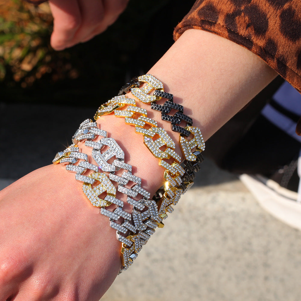 Iced Out Cuban Link Bracelet for Women and Men - Crystal Statement Chain Bracelet in Gold, Silver, Mixed Metal and Gold Black