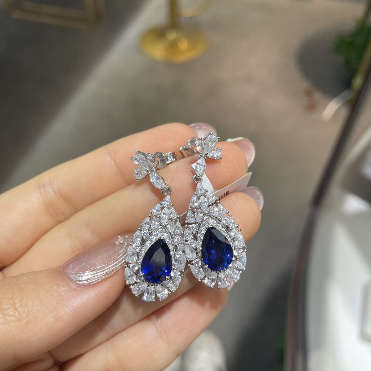 Lab-Grown Blue Sapphire Teardrop Drop Earrings for Women, 925 Silver Floral Halo product image