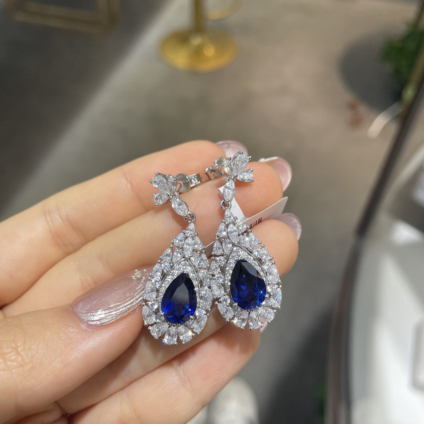 Lab-Grown Blue Sapphire Teardrop Drop Earrings for Women, 925 Silver Floral Halo product image