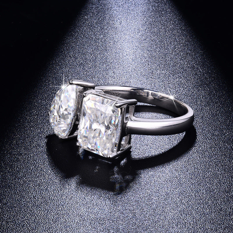 925 Silver Moissanite Open Ring for Women, Double Stone Pear and Emerald Cut, 3+3 Carat Style product image