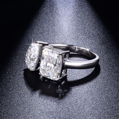 925 Silver Moissanite Open Ring for Women, Double Stone Pear and Emerald Cut, 3+3 Carat Style