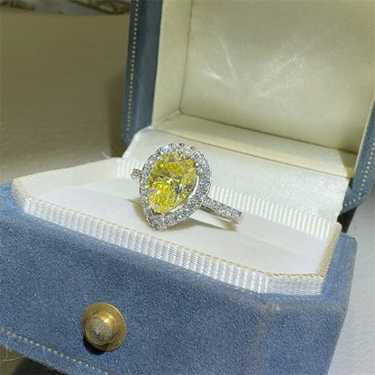 Yellow Pear Moissanite Halo Ring for Women - Engagement Ring, Promise Ring, 1 Carat or 2 Carat