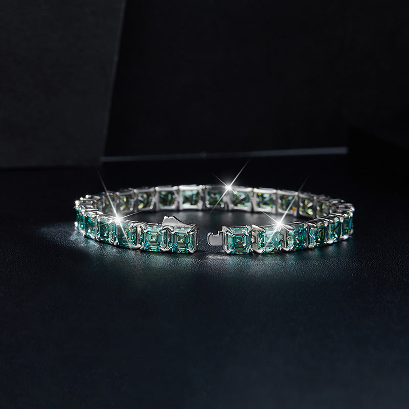 Unisex 5.5mm Blue-Green Square Moissanite Tennis Bracelet, Iced Out Hip Hop Jewelry product image