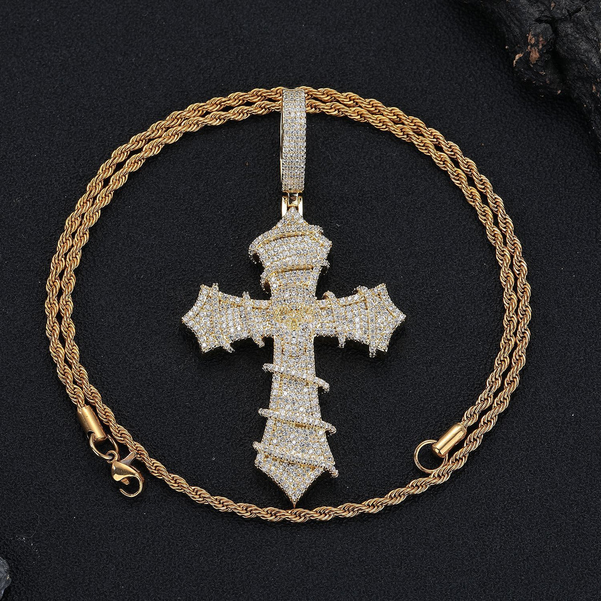Iced Cross Pendant Necklace, Cubic Zirconia Rope Chain, Vintage Streetwear Jewelry product image