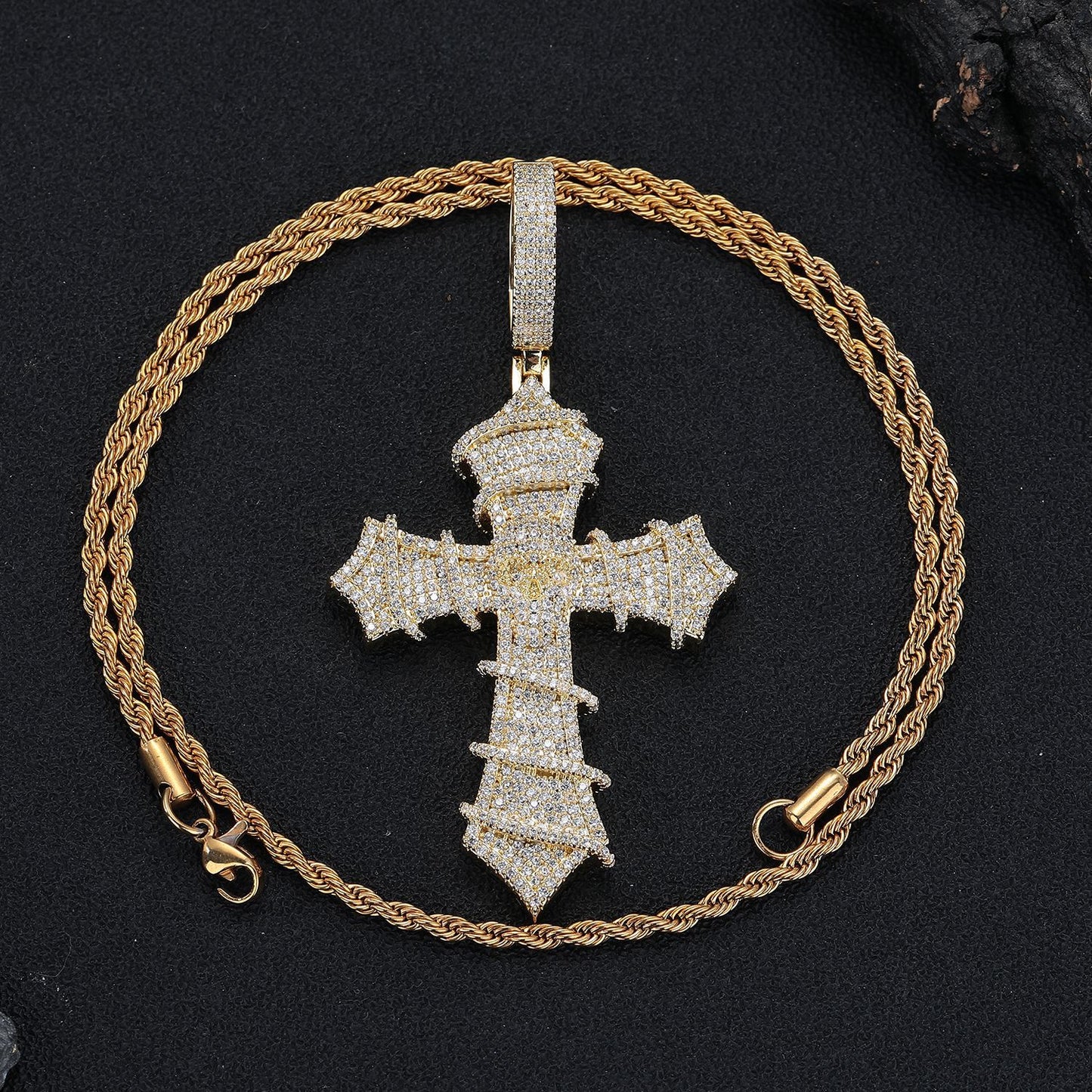 Iced Cross Pendant Necklace, Cubic Zirconia Rope Chain, Vintage Streetwear Jewelry