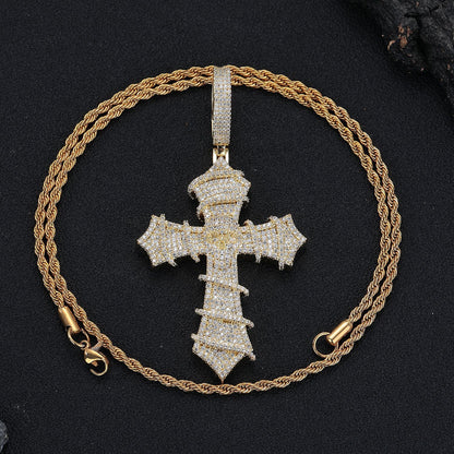 Iced Cross Pendant Necklace, Cubic Zirconia Rope Chain, Vintage Streetwear Jewelry