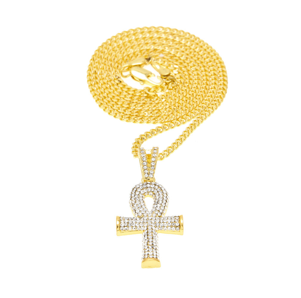 Gold Tone Crystal Ankh Pendant Necklace with 3mm Cuban Chain for Women product image